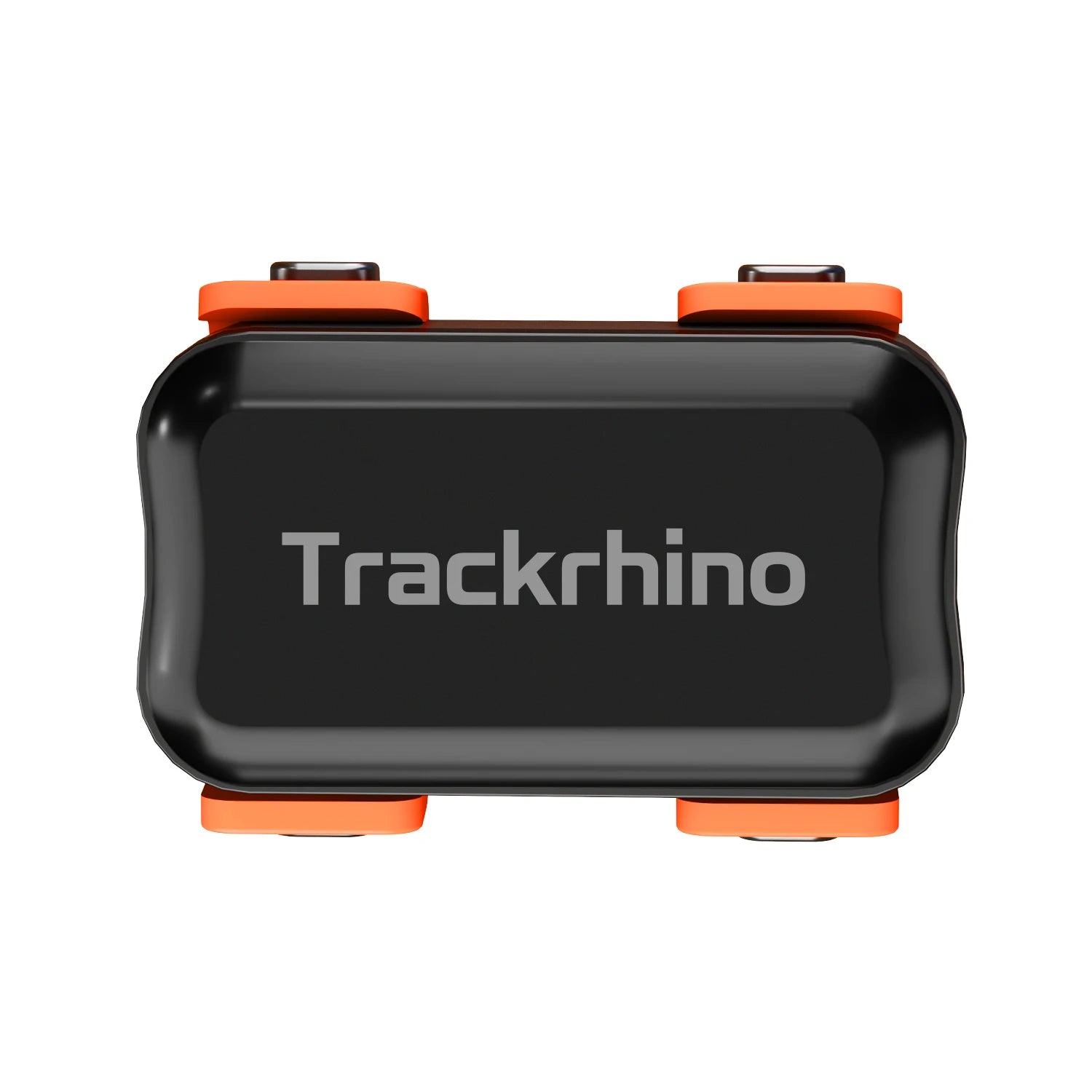 Trackrhino GPS Tracker — Front View with High-Visibility Orange Case