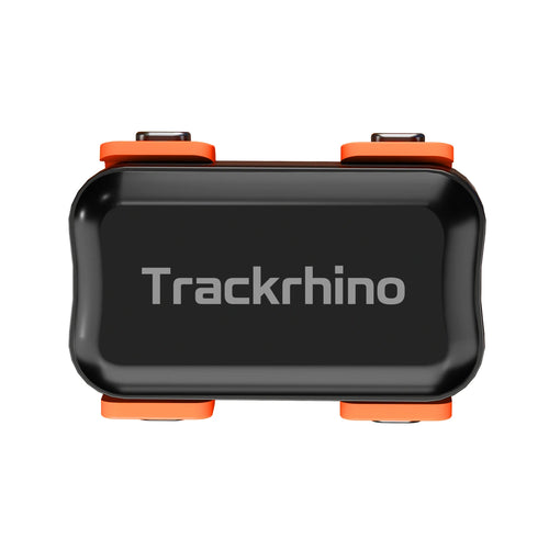 Trackrhino GPS Tracker — Front View with High-Visibility Orange Case