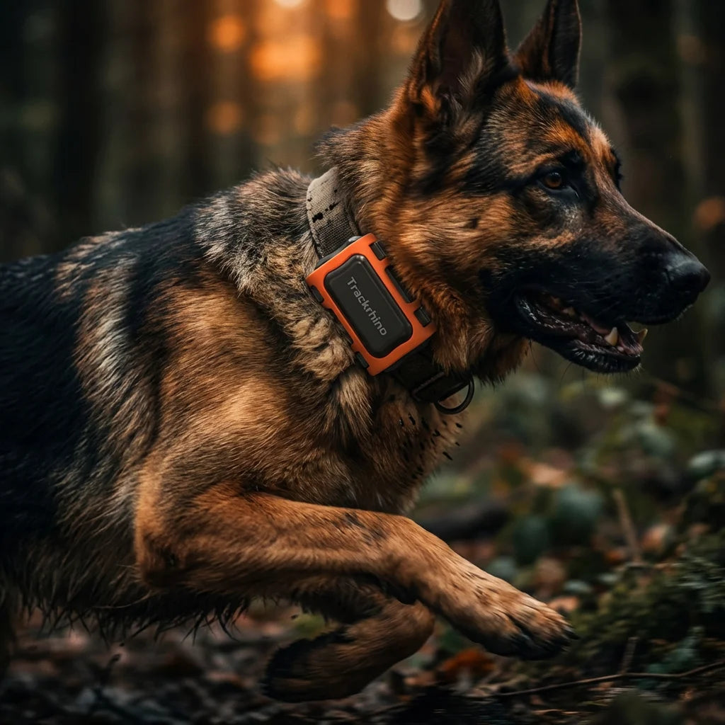 Trackrhino GPS Tracker on German Shepherd Collar — Lifestyle Shot